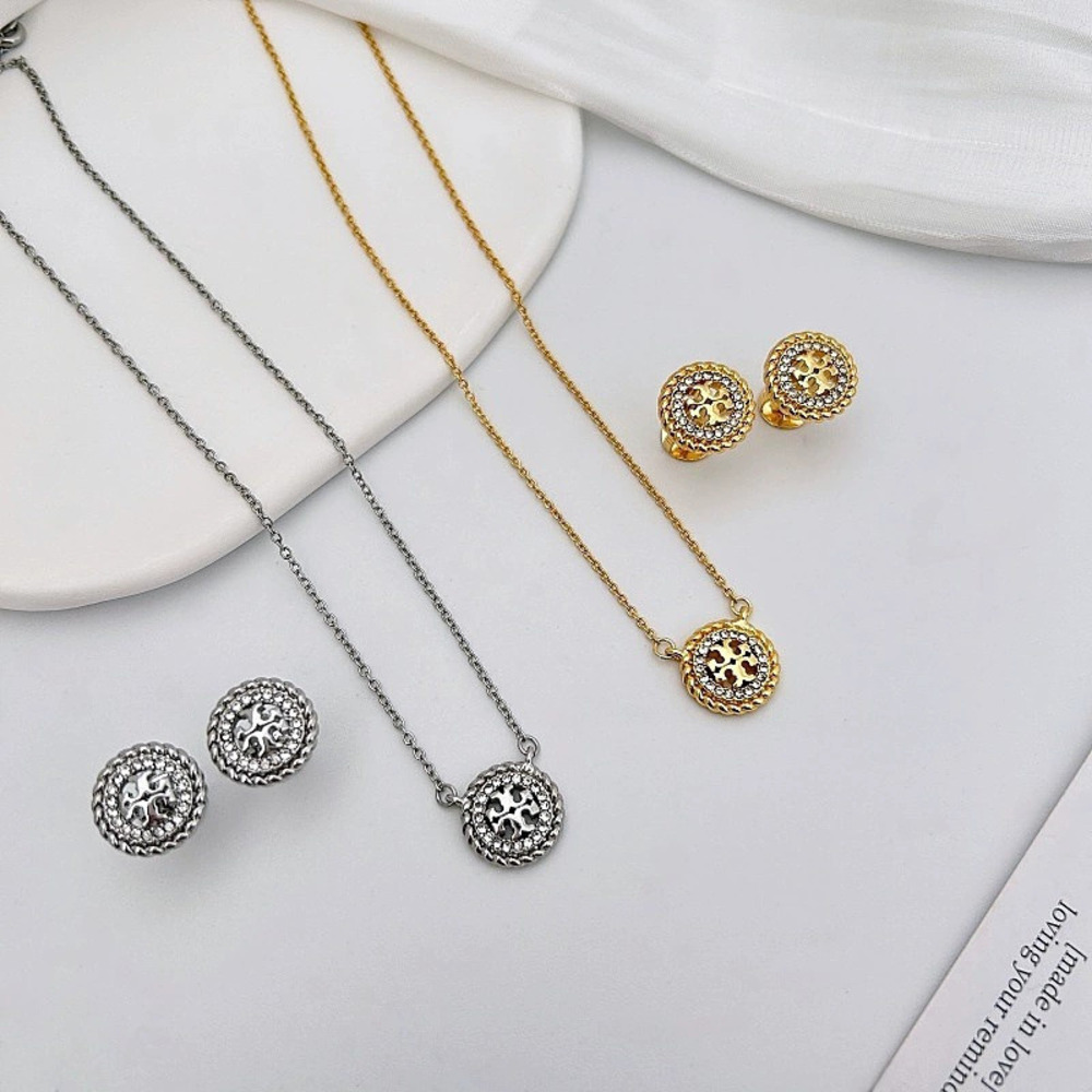 Tory Burch Spiral Wheat Full Diamond Necklace Letter Stud Earrings Set